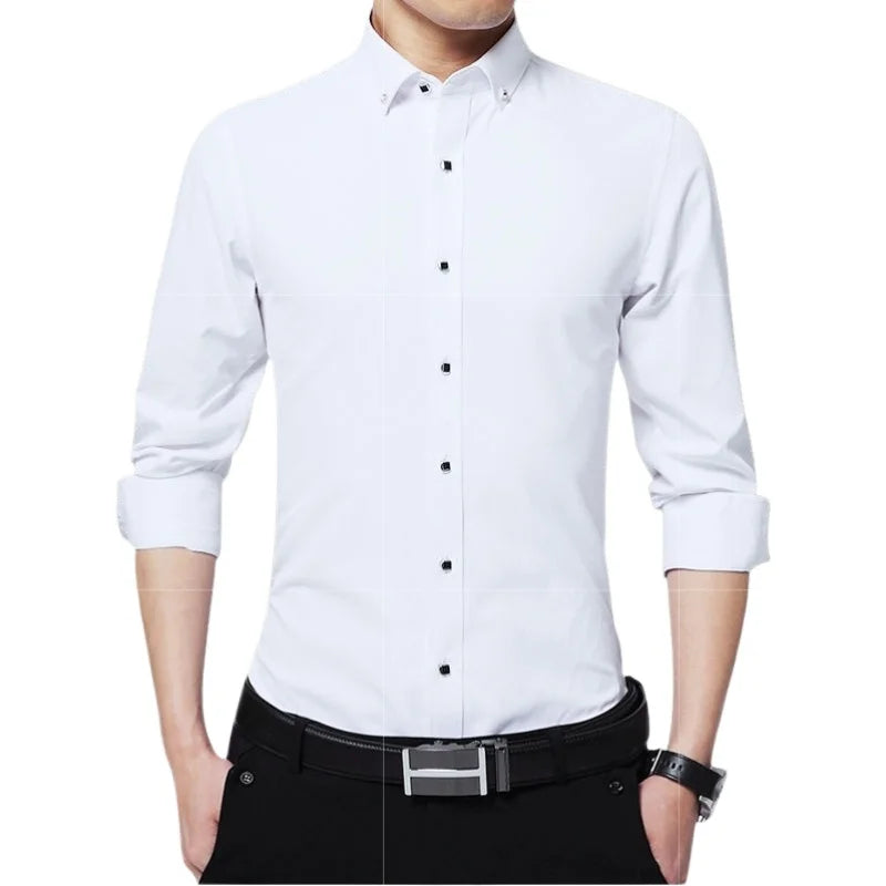 Summer Business Slim Fit White Shirt for Men - British Casual Tooling Style with Three Buttons Men's Long Sleeve Shirts