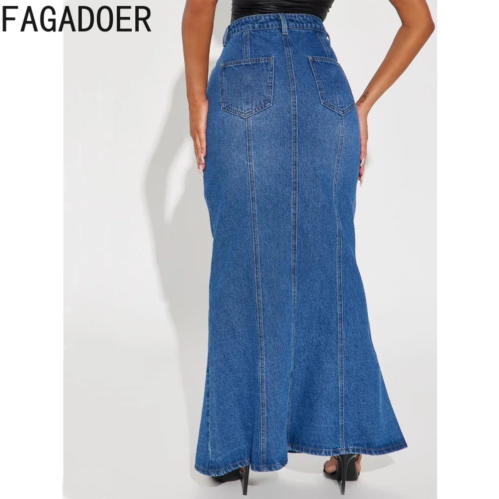 FAGADOER Retro Blue Fashion Skinny  Denim Skirts Women High Waisted Button Pocket Skirts Female Elasticity Cowboy Bottoms
