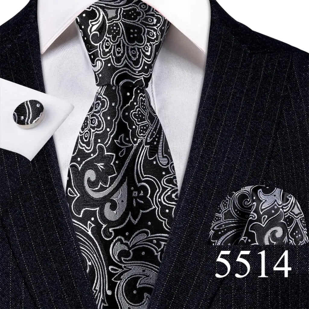 Fashion Mens Ties Set Silk Gray Black Silver White Striped Plaid Solid Paisley Floral Neck Tie Hankderchief Cufflinks Barry·Wang