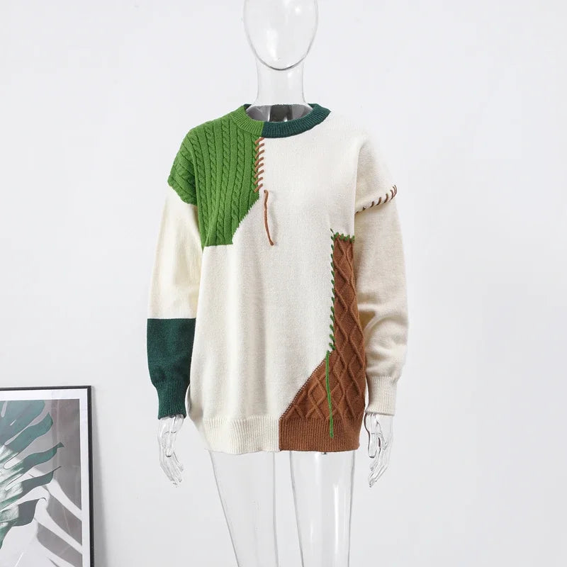 Man Panelled Contrast O neck Sweater 2024-2025 Autumn Winter Vintage Loose Long Sleeves Knitted Pullover Fashion Casual Male Jumper