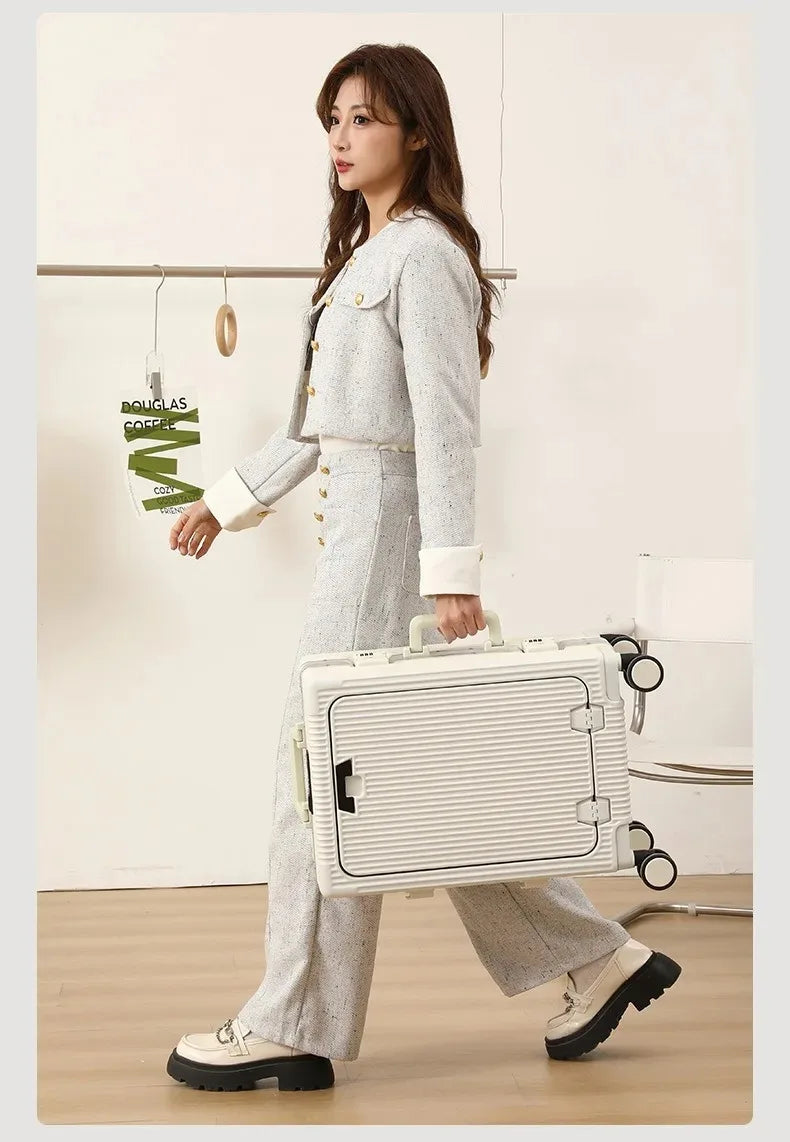 Suitcase Front Opening Pocket Aluminum Alloy Frame Rolling Luggage with USB Charging Plug Trolley Carry-on Case Bag with Wheel
