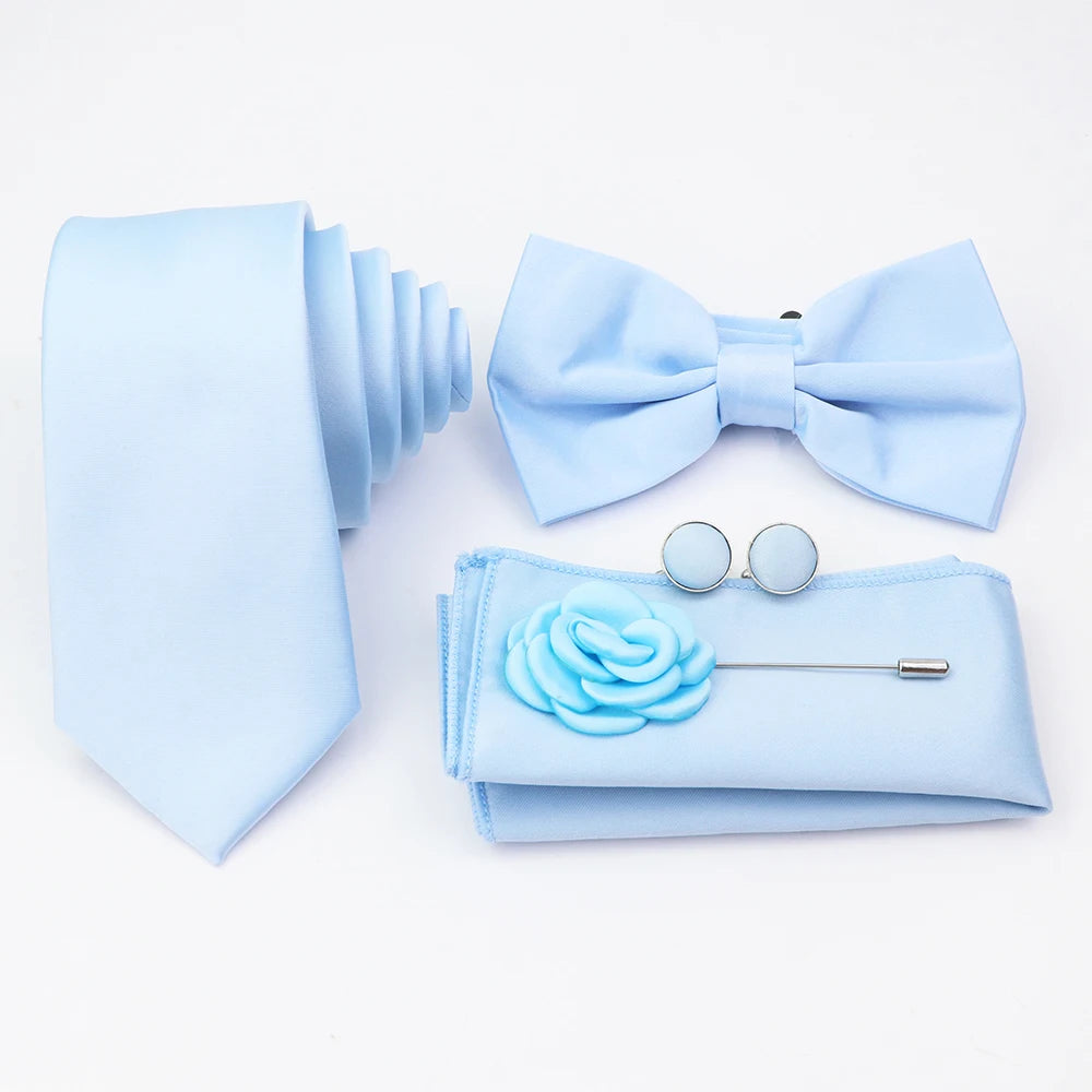 Hot Sale Pink Purple Sage Green Tie Set Polyester Necktie Bowtie Cufflink Brooch For Groom Suit Wedding Cravat Shirt Accessory