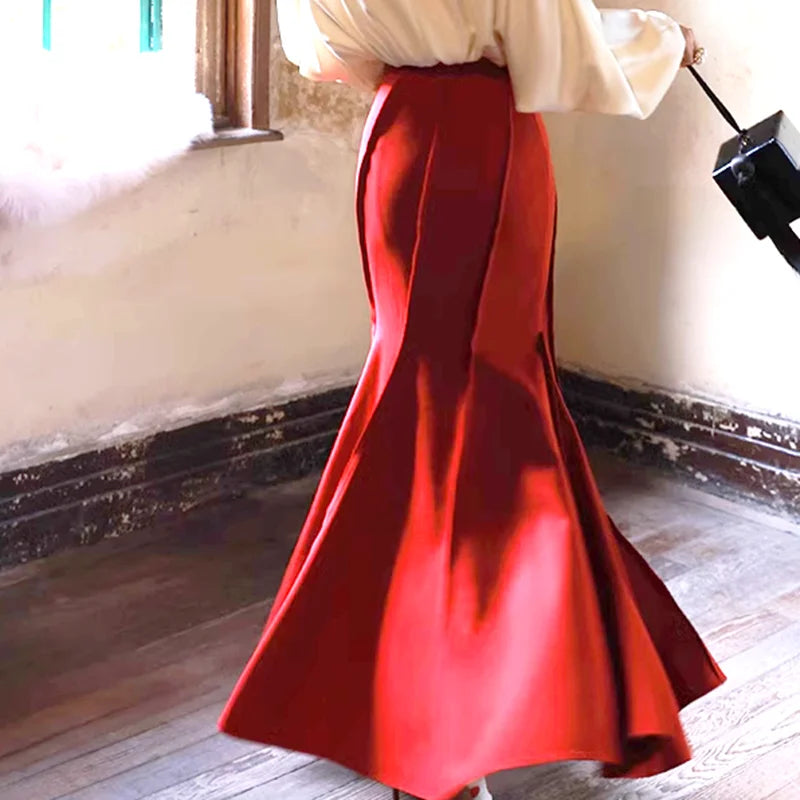 2024 USA Fashion XS S Sexy High Waist Wrapped Hip Long Skirts Womens Autumn and winter Red Retro Slim fishtail skirt