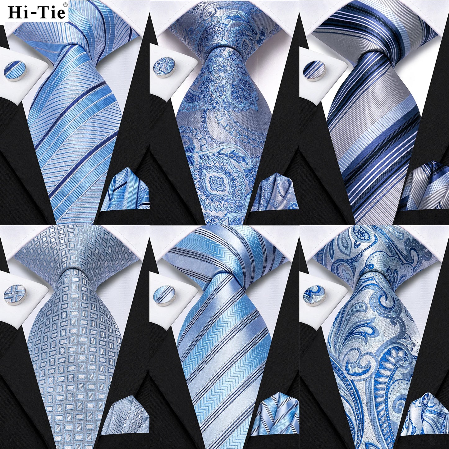 Brand New 2025 Hi-Tie Light Blue Striped Business Mens Tie 8.5cm Jacquard Necktie Accessorie Daily Wear Cravat Wedding Party Hanky Cufflink Set