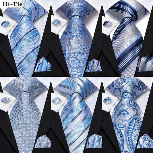 Brand New 2025 Hi-Tie Light Blue Striped Business Mens Tie 8.5cm Jacquard Necktie Accessorie Daily Wear Cravat Wedding Party Hanky Cufflink Set