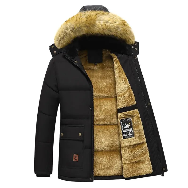 New Men Winter 2025 - 2026 Fleece Jacket Thick Warm Hooded Fur Collar Coat Solid Color Outerwear Mens Clothing Big Sale on now