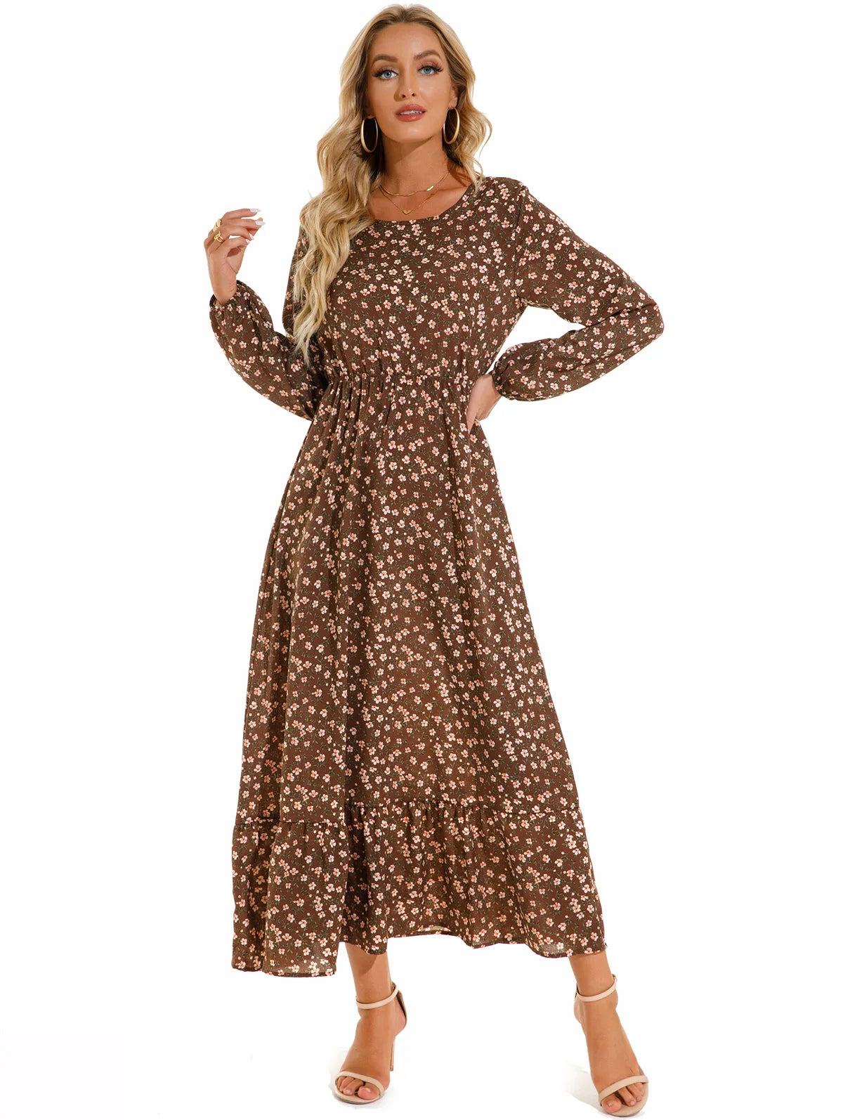 New Autumn 2025  Women Chiffon Dresses spring celebration Dress Mujer Vestidos Female Vintage Floral Print Full Sleeve A-line Long Maxi Dresses