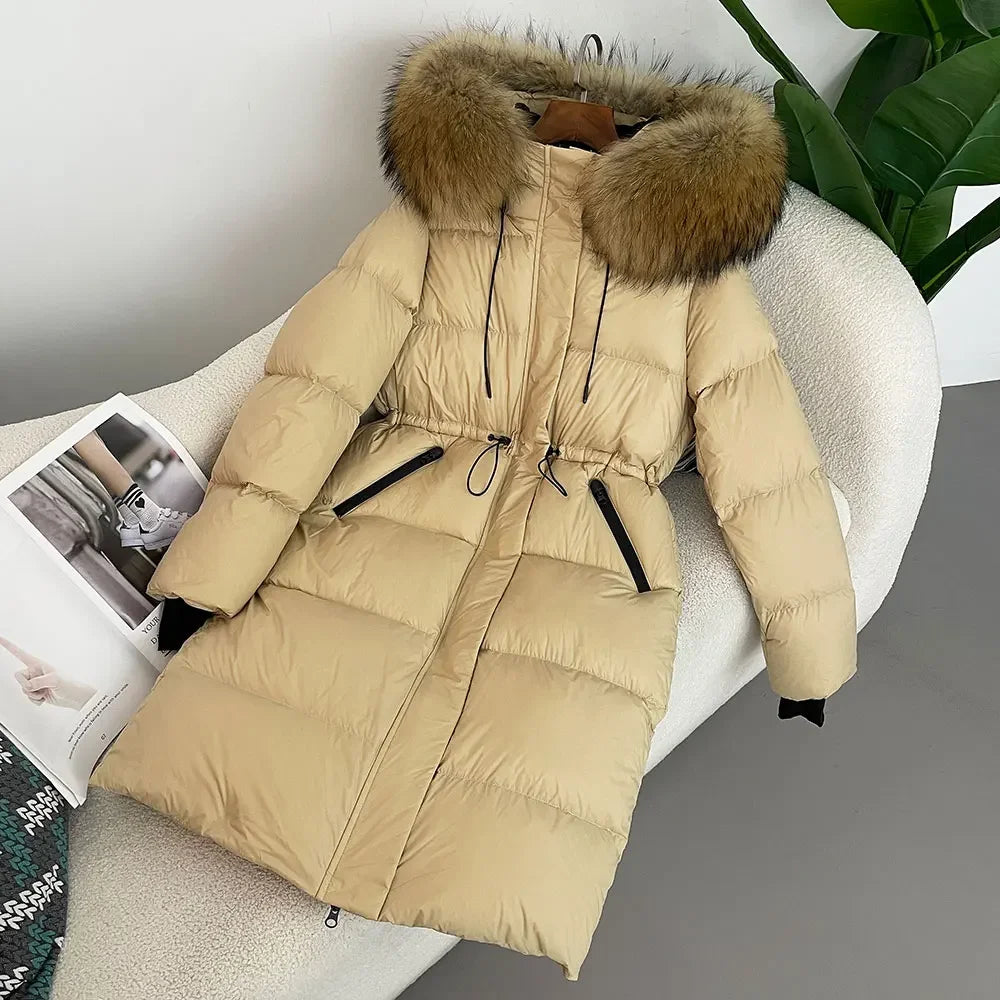 2024 - 2025 Winter New White Duck Down Real Fox Fur Real Raccoon Fur Long Hooded Coat Women Slim Warm Jacket Female Casual Fashion