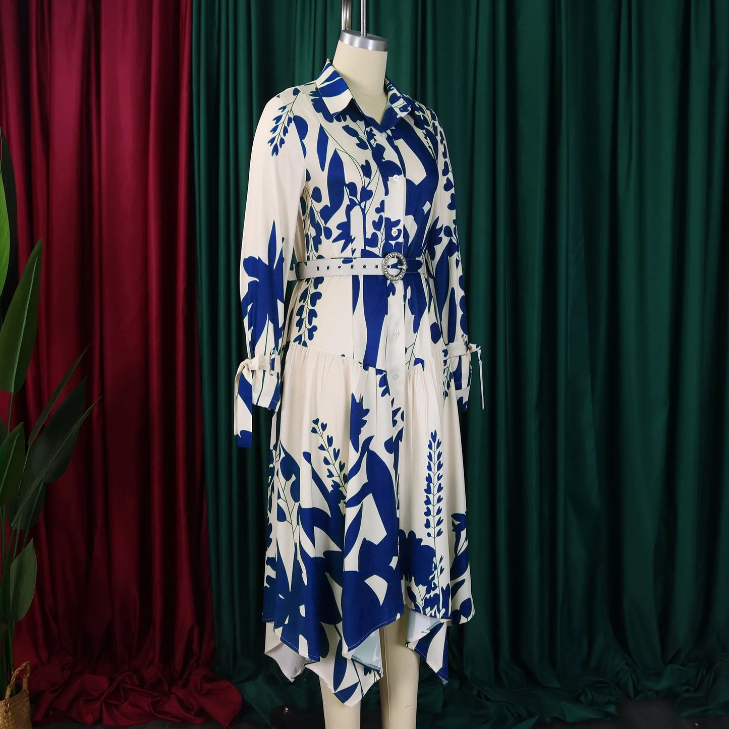 Brand New collections 2024-2025 Elegant Shirts Dresses for Women Printed Turn Down Collar Full Sleeve Belt Waisted Asymmetric Fashion Ladies Birthday Vestidos