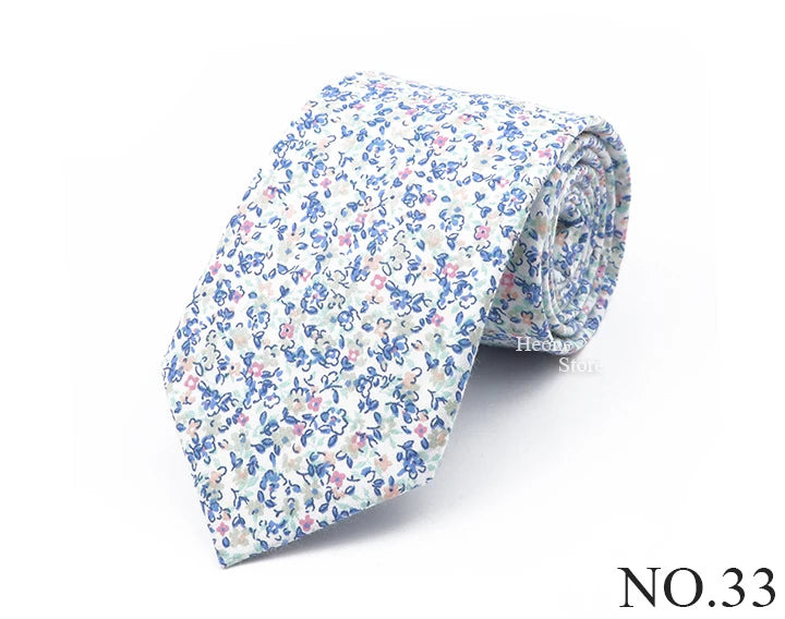 New Chic Floral Tie For Men 2025 100% Cotton Beautiful Elegant Flower Necktie White Blue Narrow Skinny Wedding Casual Cravat