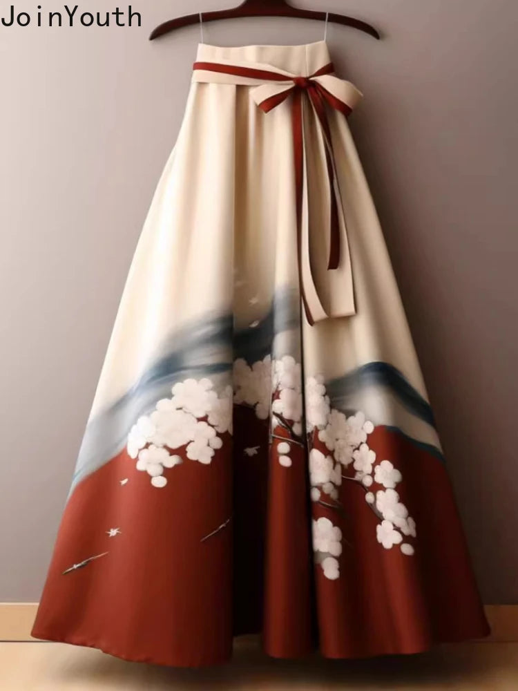Vintage Skirts for Women 2024 Faldas Mujer De Moda High Waist A-line Jupe French Style Print Bandage Saia Big Swing Loose Skirt