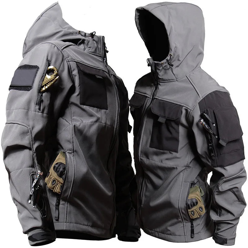 New 2024 Outdoor Tactical Set Men Military Multi-pocket Hooded Work Jacket+Windproof  Waterproof Fleece Cargo Pants Winter Sharkskin Suit