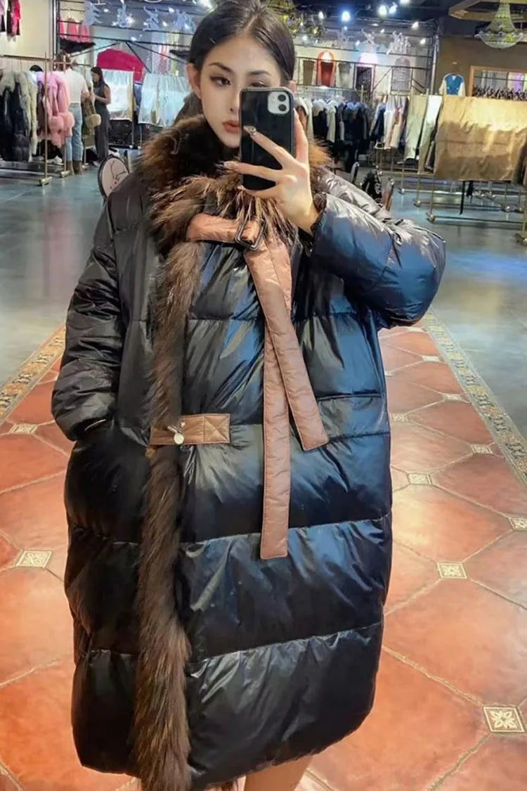 2024 - 2025  New Natural Real Fox Fur Long White Duck Down Jacket Winter Women Warm Loose Coat Thick Outerwear Streetwear