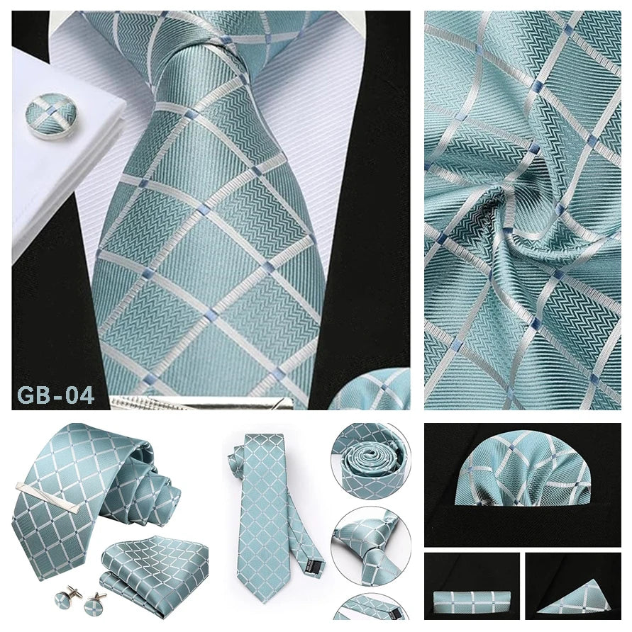 100% Silk Ties for Men Plaid & Checks Tie Clip Handkerchief Woven Classic Men's Necktie Pocket Square Set Formal Wedding Ties