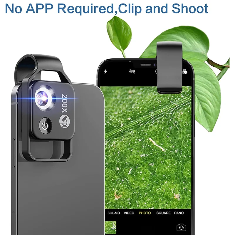 200X Cell Phone Microscope Accessory with CPL Lens Portable Mini Digital Microscope with LED Light/Universal Clip