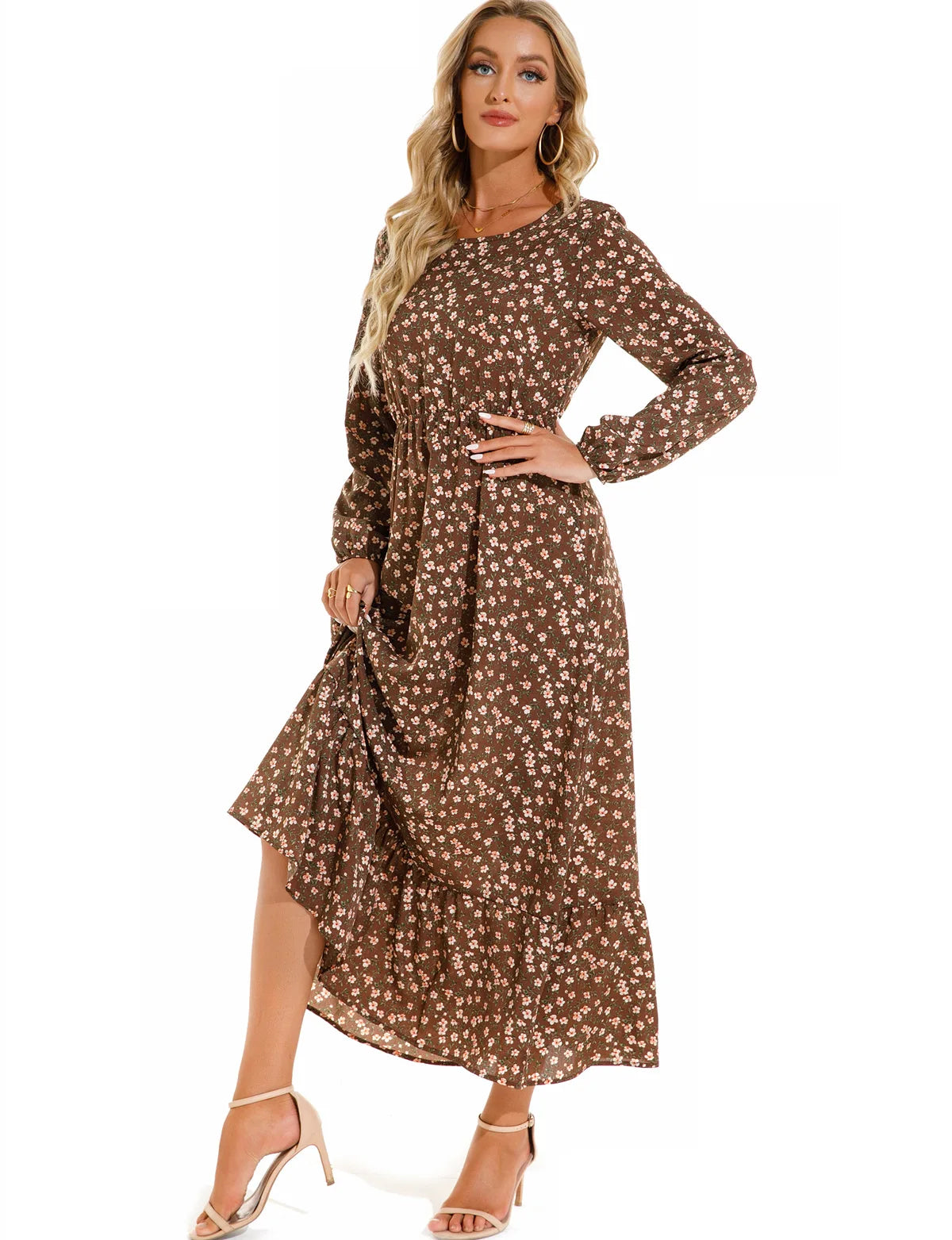 New Autumn 2025  Women Chiffon Dresses spring celebration Dress Mujer Vestidos Female Vintage Floral Print Full Sleeve A-line Long Maxi Dresses