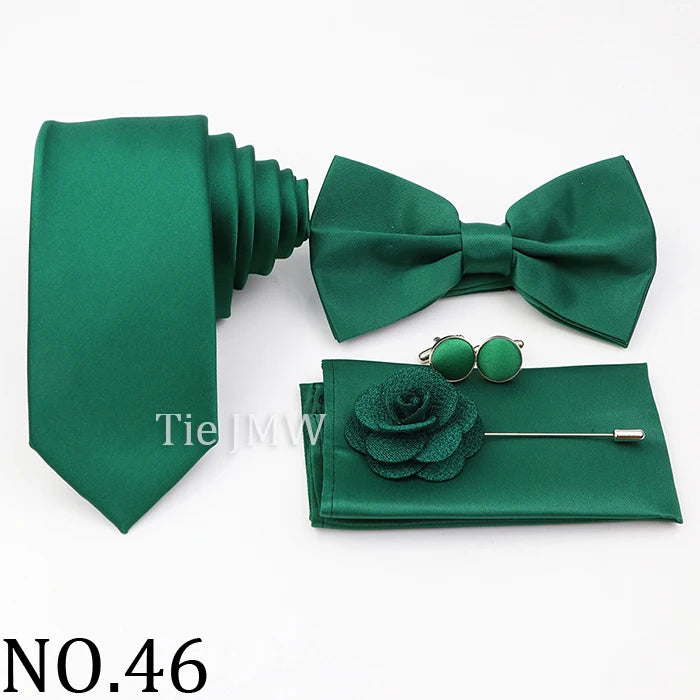 Hot Sale Pink Purple Sage Green Tie Set Polyester Necktie Bowtie Cufflink Brooch For Groom Suit Wedding Cravat Shirt Accessory