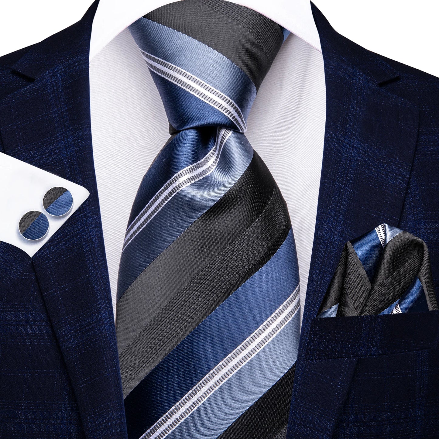 Brand New 2025 Hi-Tie Light Blue Striped Business Mens Tie 8.5cm Jacquard Necktie Accessorie Daily Wear Cravat Wedding Party Hanky Cufflink Set