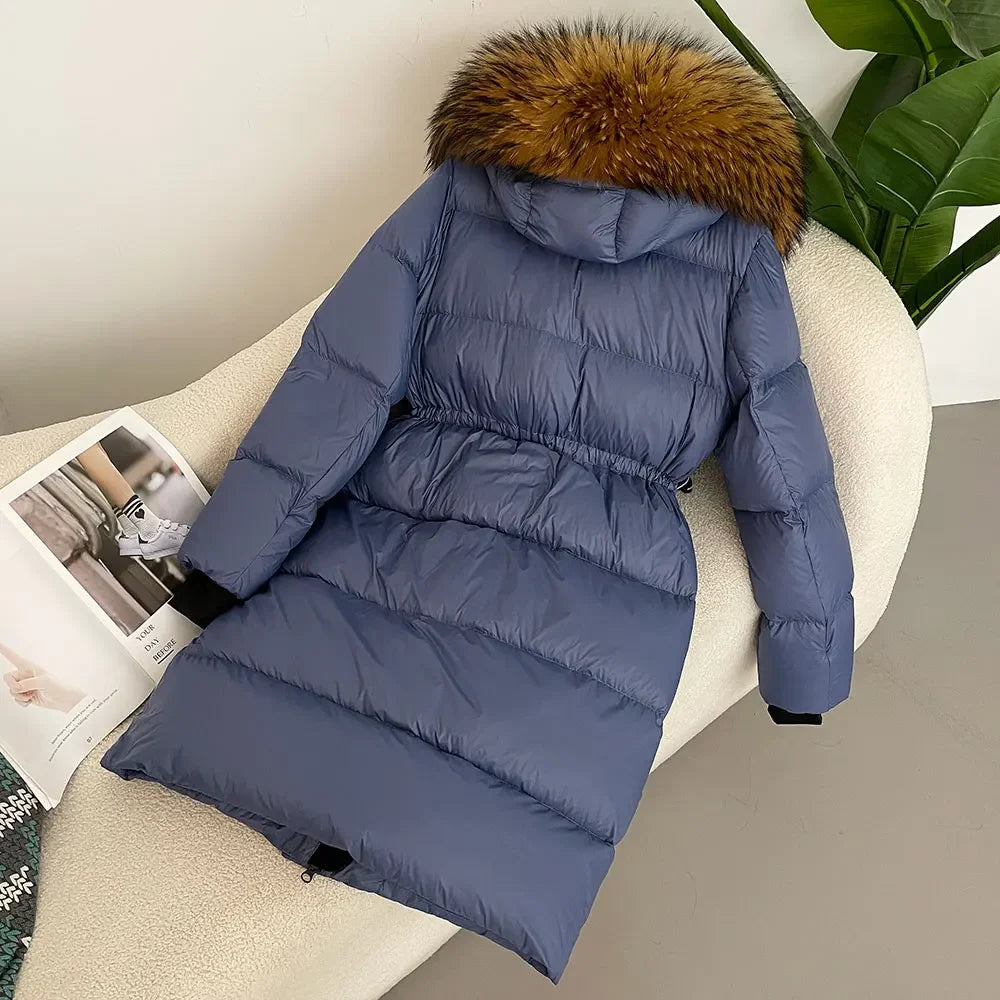2024 - 2025 Winter New White Duck Down Real Fox Fur Real Raccoon Fur Long Hooded Coat Women Slim Warm Jacket Female Casual Fashion