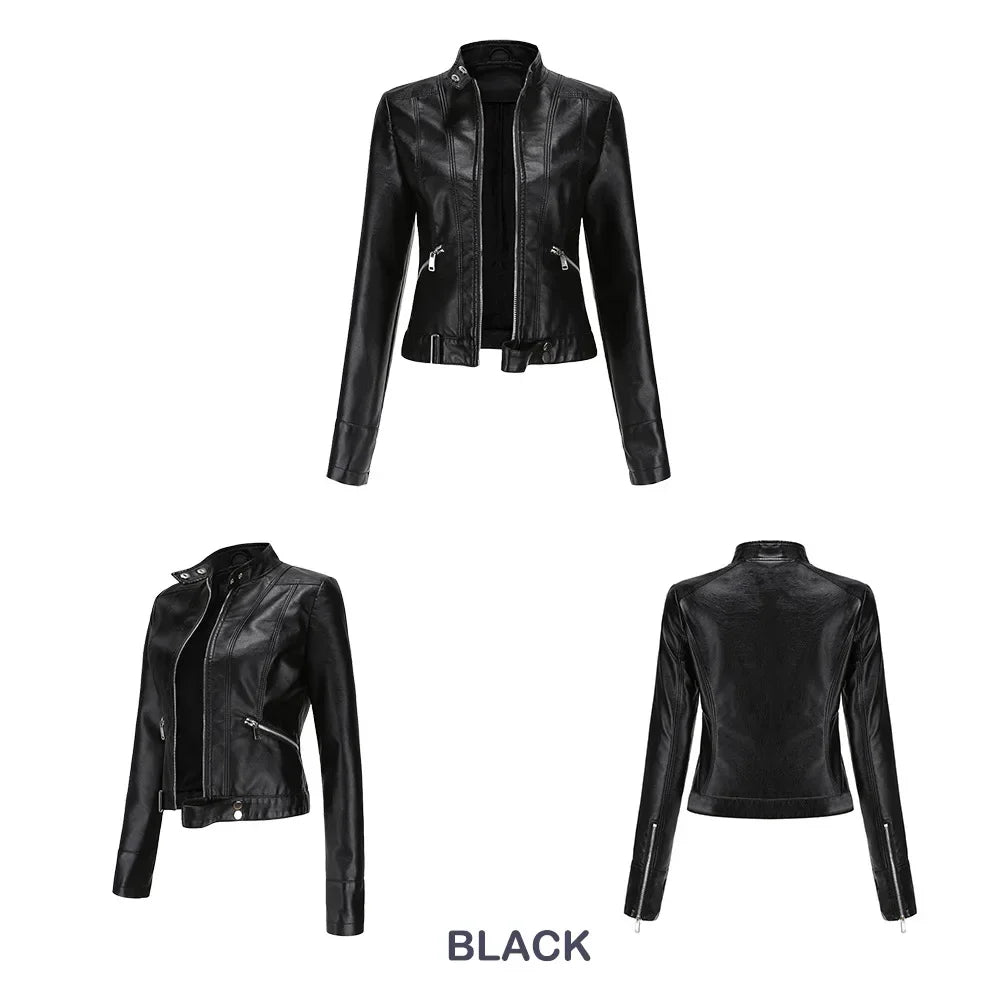 Spring Autumn Stand Collar Ladies Thin Leather Outerwear 2024 New Style Women's Leather Jacket Short Slim Fit