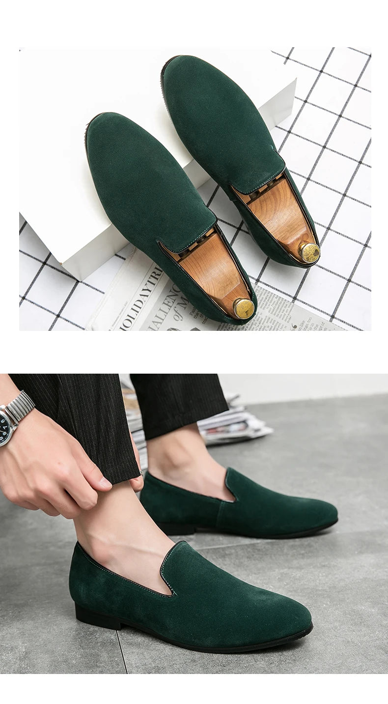 Brand 2024-2025 Green Men's Suede Loafers Fashion Soft Comfortable Breathable Moccasin Shoes Men England Style Slip-on Casual Shoes For Men