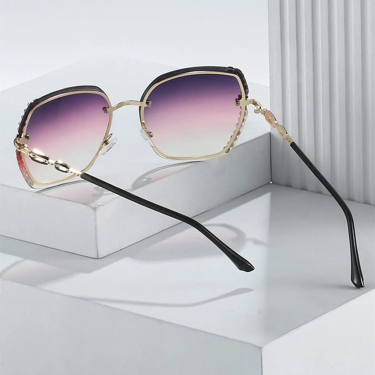 Summer Tme Rhinestone Decor Rimless Fashion Sunglasses For Women Men Casual Gradient Glasses For Summer Beach Party, UV400