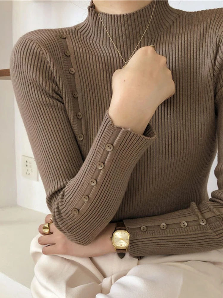 Women Knitted Sweater Long Sleeve Button Turtleneck Slim Pullovers for Autumn Winter 2024 Female Sweaters Soft Warm Bottoming Tops