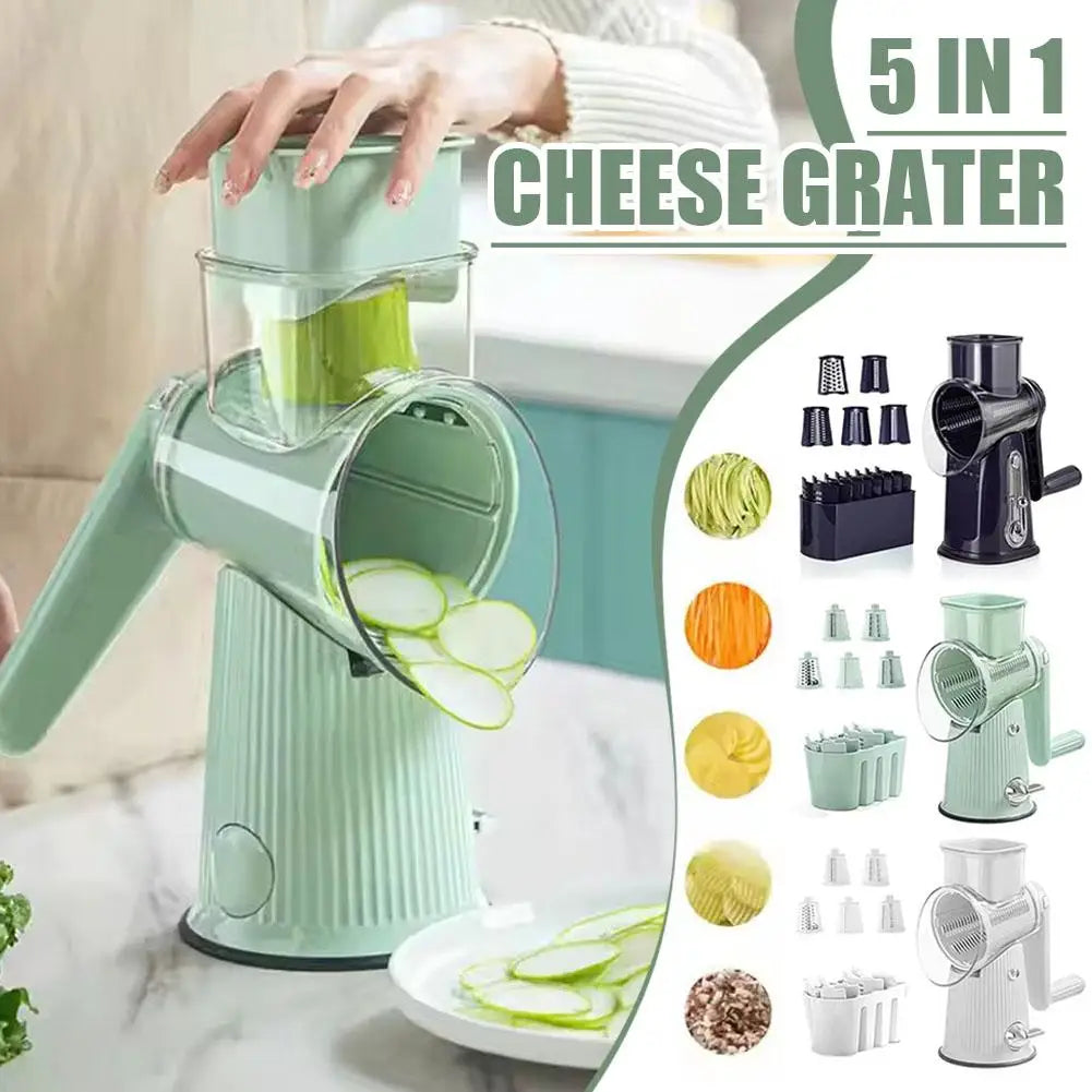 New 2025 5 In 1 Rotary Cheese Grater With Handle Manual Vegetable Graters Shredder Slicer Nuts Grinder With Strong Suction Base