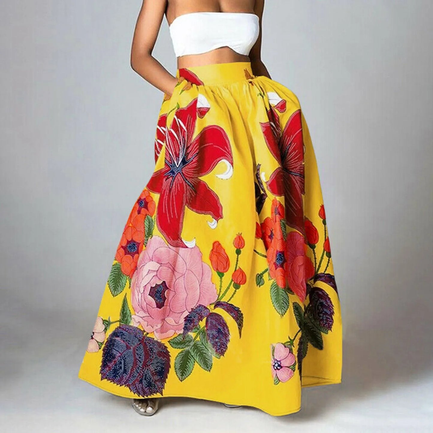 Women Floral Print Maxi Skirt Bohemian High Waist Pocket Party Long Skirt Loose Ruched Dress Elegant Female Fashion A-Line Skirt