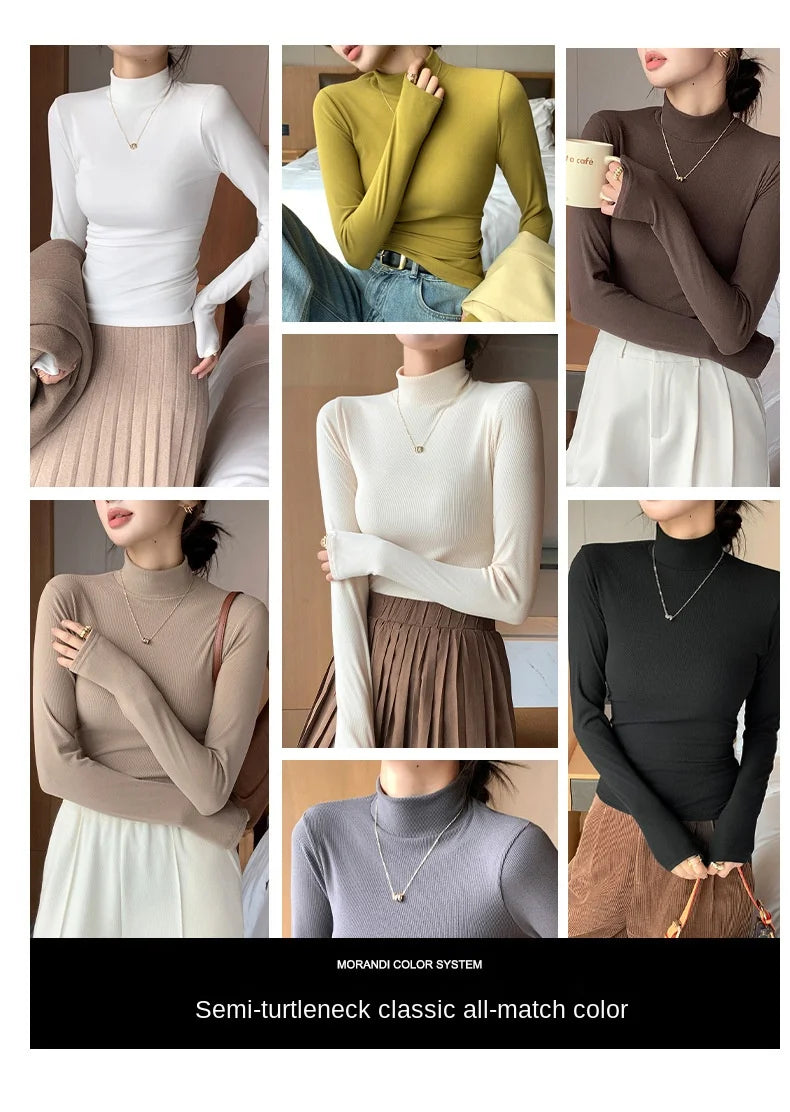 2024 New Knitted Half-turtleneck Pullovers Women Bottom Shirts Sweater Jumper Elegant USA and Canadian Fashion Long-sleeved Tops Knitwear