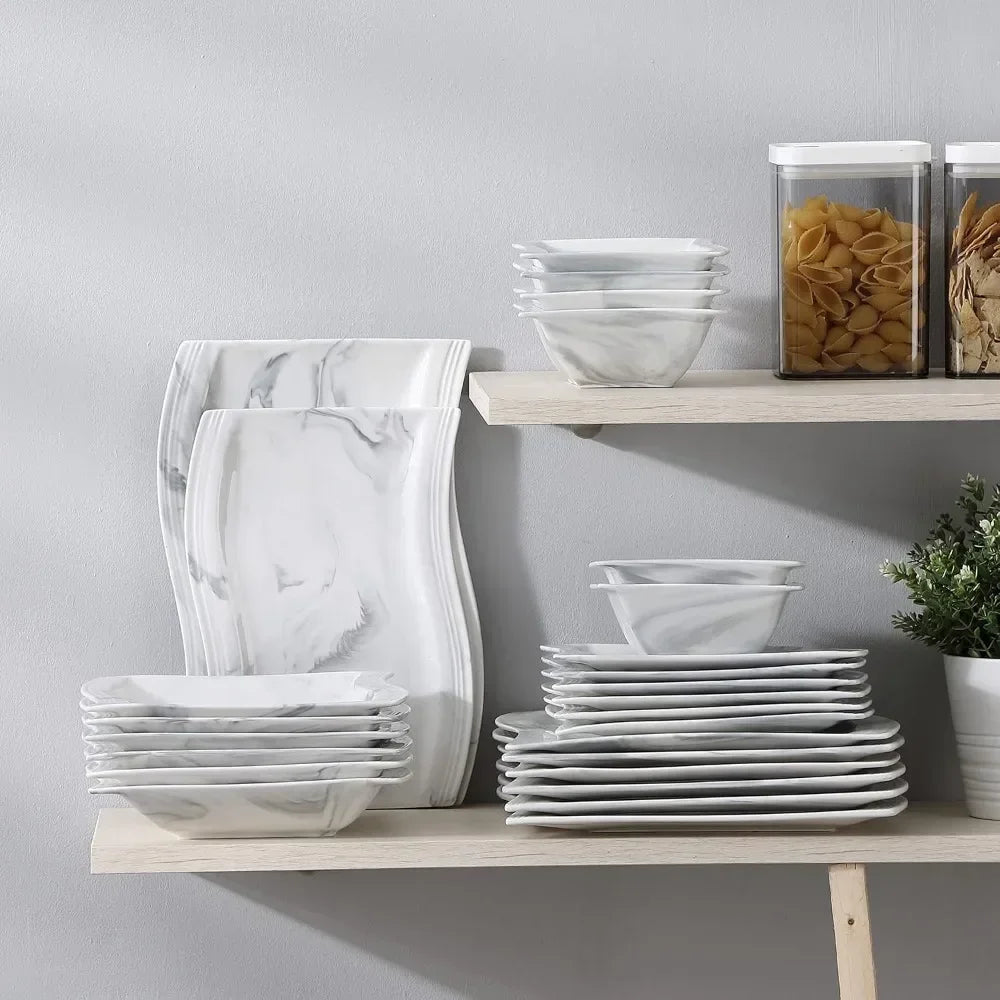56 Piece Porcelain Plate and Bowl Set, 12 Piece Set, Square Tableware, Bowl, Serving Plate, Cup, Marble Tableware Set