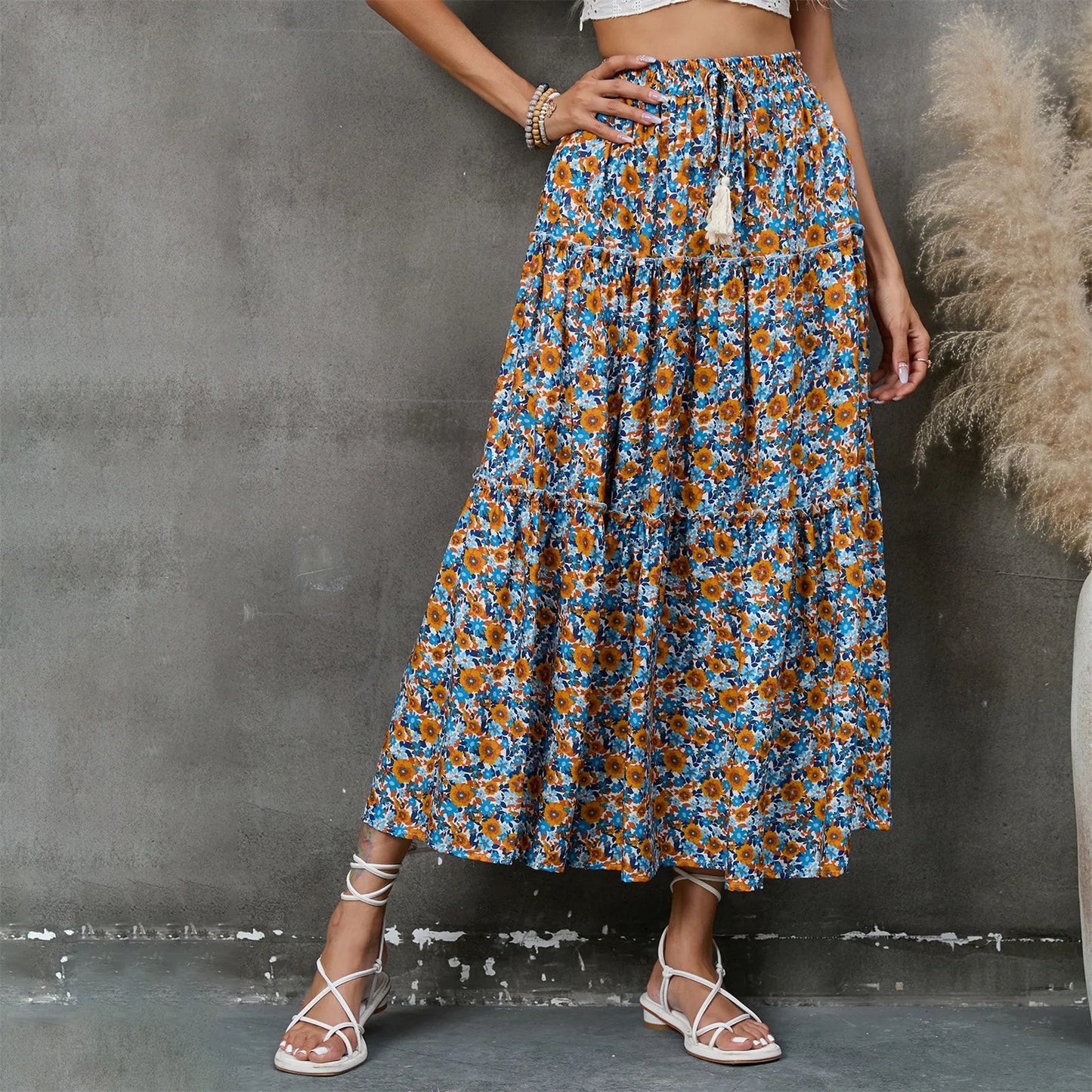 Summer Floral Print TINTINOS Skirts Women High Waist Ruffles Pleated Long Maxi Beach Skirt British Style Bohemian Midi Skirts