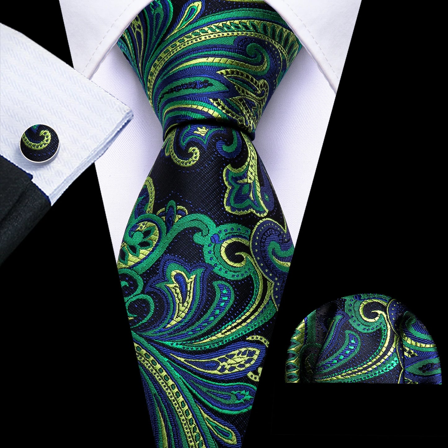 Fashion Silk Men Tie Green Teal Blue Solid Paisley Striped Plaid Floral Animal Necktie Handkerchief Cufflinks Set Barry. For Wedding
