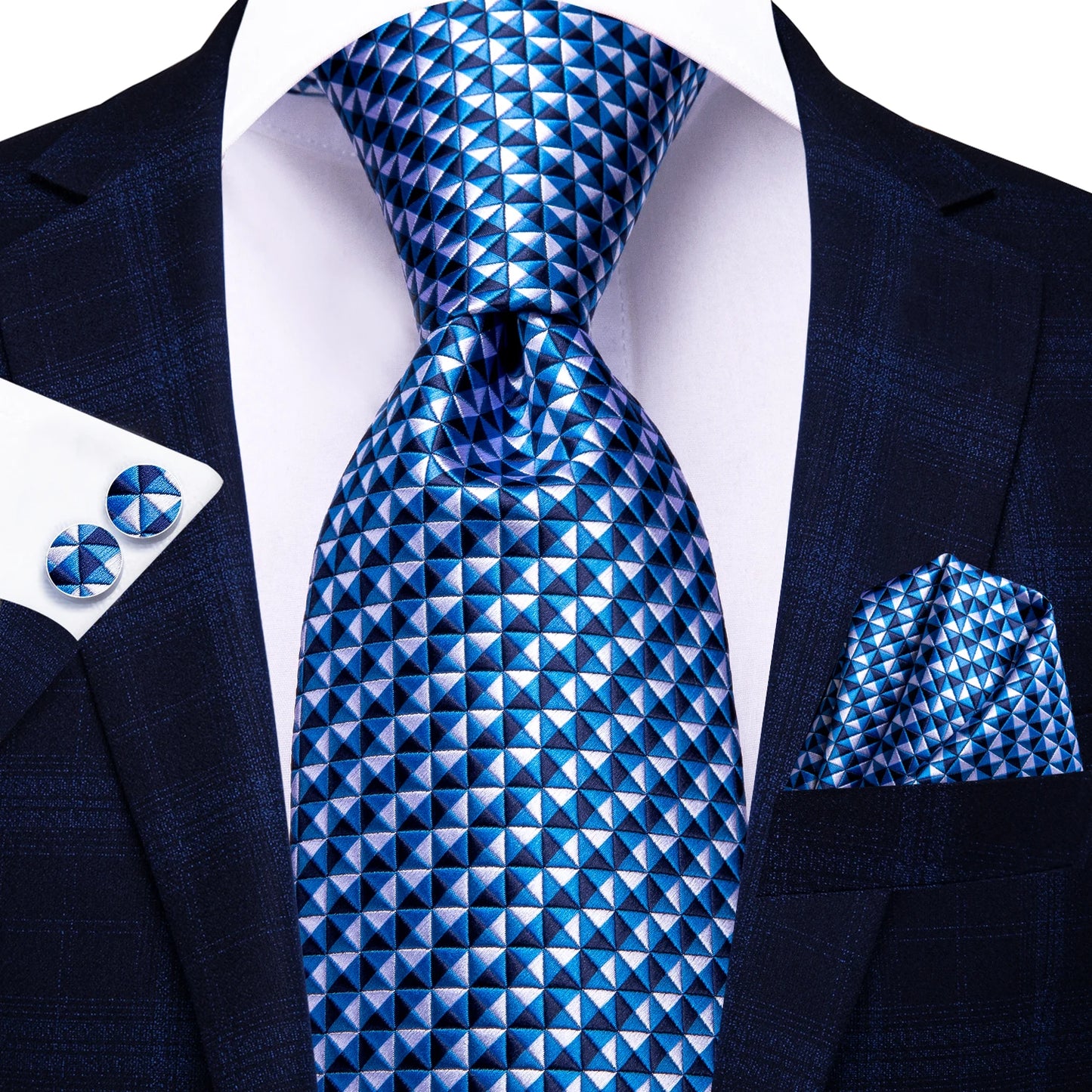 Brand New 2025 Hi-Tie Light Blue Striped Business Mens Tie 8.5cm Jacquard Necktie Accessorie Daily Wear Cravat Wedding Party Hanky Cufflink Set