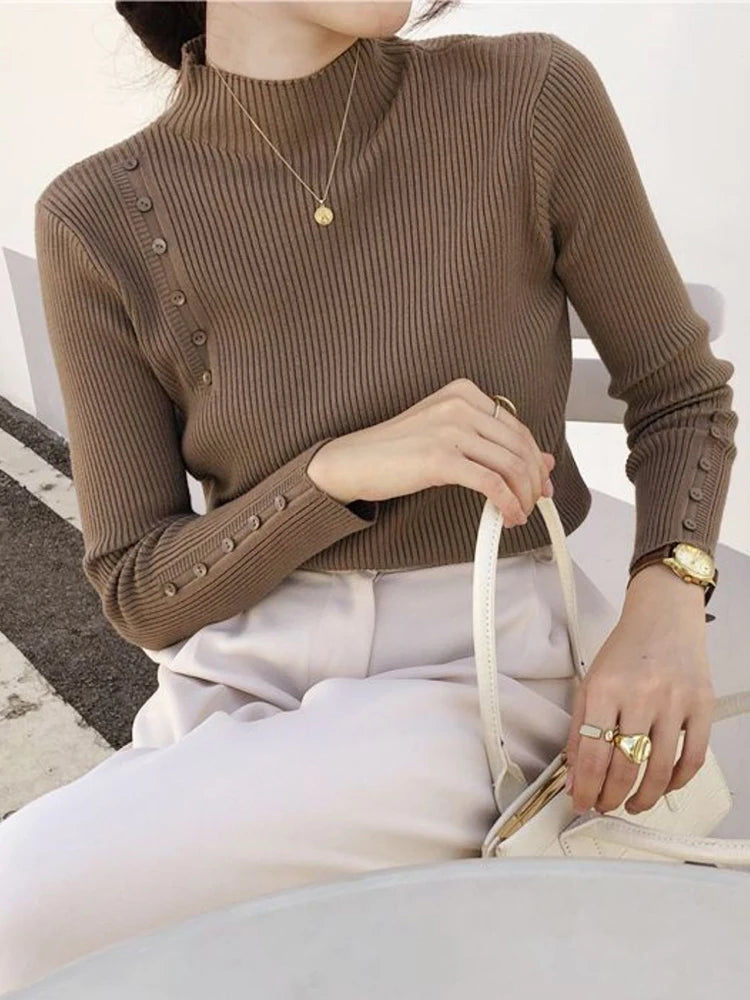 Women Knitted Sweater Long Sleeve Button Turtleneck Slim Pullovers for Autumn Winter 2024 Female Sweaters Soft Warm Bottoming Tops