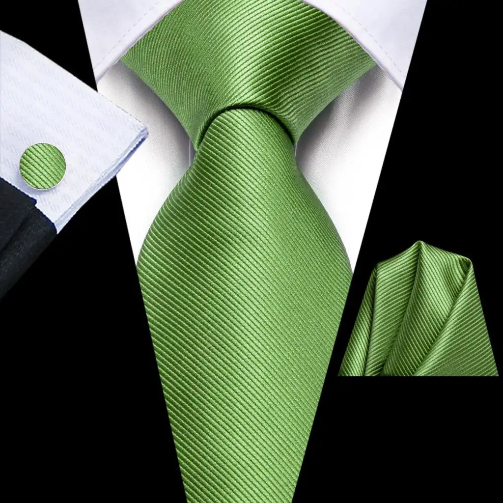 Hi-Tie Solid Green Orange Mens Fashion Necktie Handkerchief Cufflinks for Tuxedo Accessory Classic Silk Luxury Tie for Man Gift