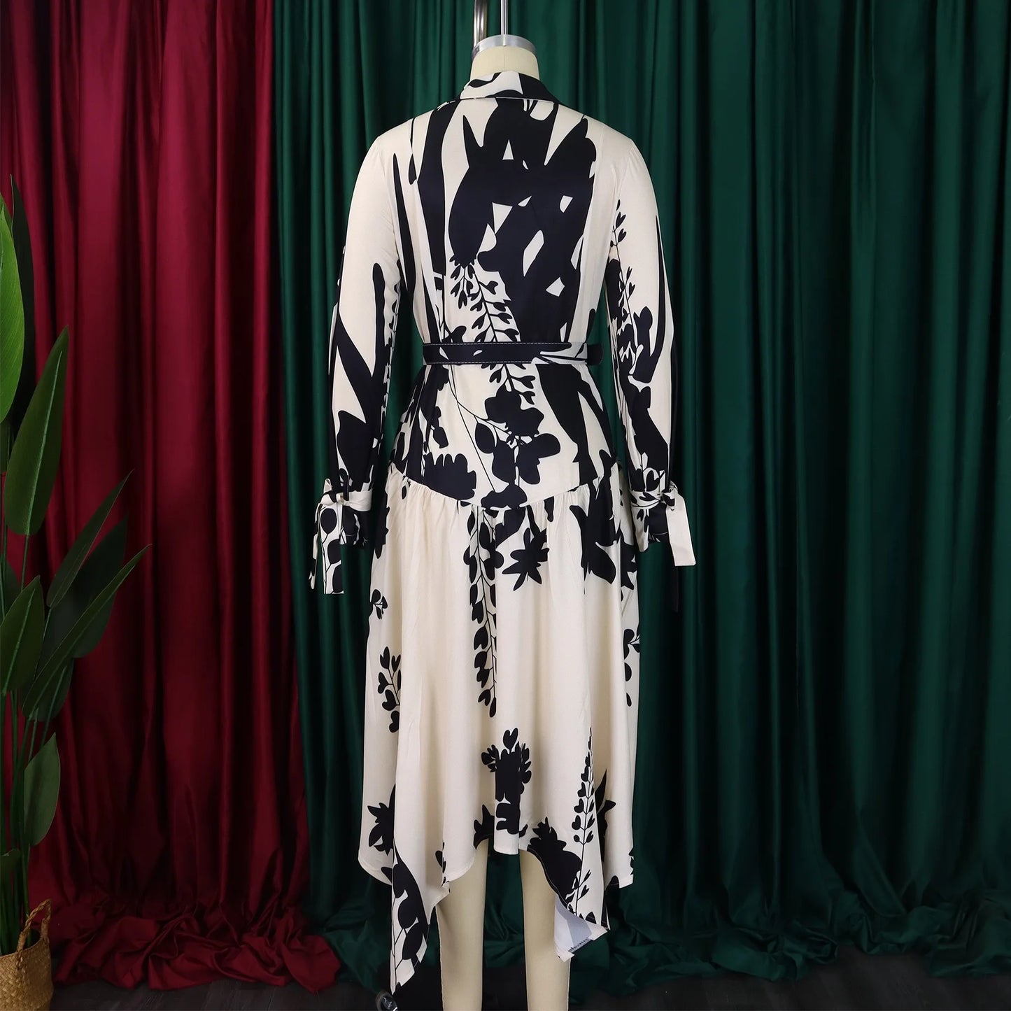 Brand New collections 2024-2025 Elegant Shirts Dresses for Women Printed Turn Down Collar Full Sleeve Belt Waisted Asymmetric Fashion Ladies Birthday Vestidos