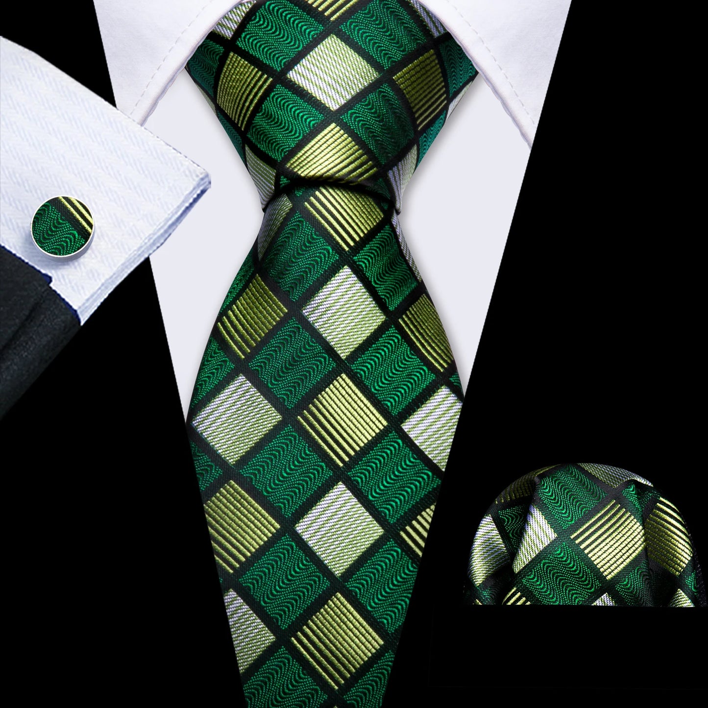Fashion Silk Men Tie Green Teal Blue Solid Paisley Striped Plaid Floral Animal Necktie Handkerchief Cufflinks Set Barry. For Wedding