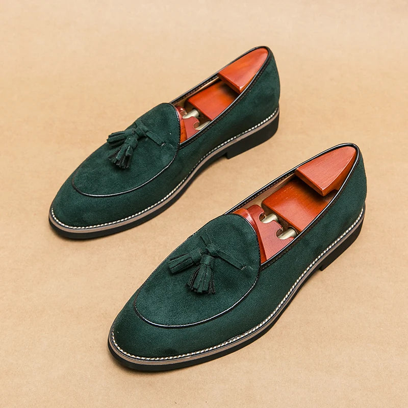 Italian Luxury Brand Suede Men's Tassel Design Loafers Slip-on Handmade High Quality Nubuck Leather Shoes Pointed Toe Thick Sole