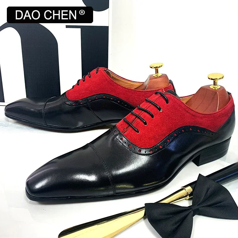 NEW 2024 LUXURY MEN'S OXFORD SHOES LACE UP BLCK MIXED RED SUEDE CASUAL MENS DRESS SHOES REAL LEATHER OFFICE WEDDING SHOES FOR MEN