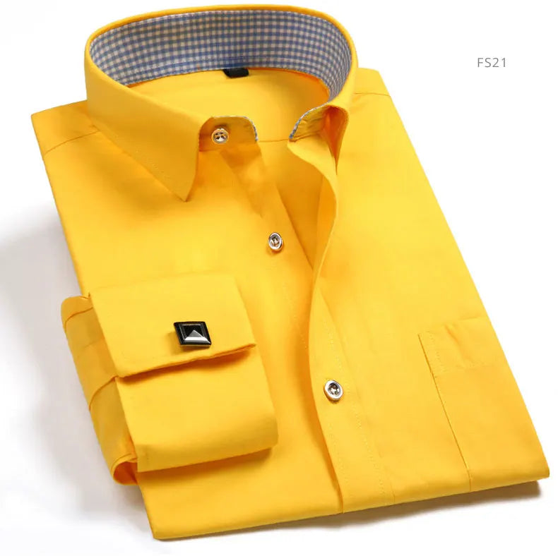 Brand NEW 2024-2025 Fashion Mens French Cufflinks Dress Shirts Long Sleeve Yellow White Blue Social Business Regular Fit Wedding Party Shirt For Man