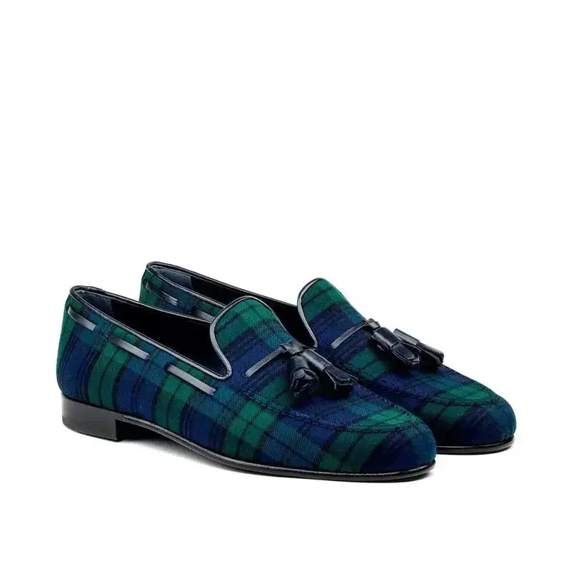 Our 2025 New Loafers Men Shoes Canvas Green Plaid Fashion Business Casual Wedding Party Classic Fringe Retro Gentleman Dress Shoes