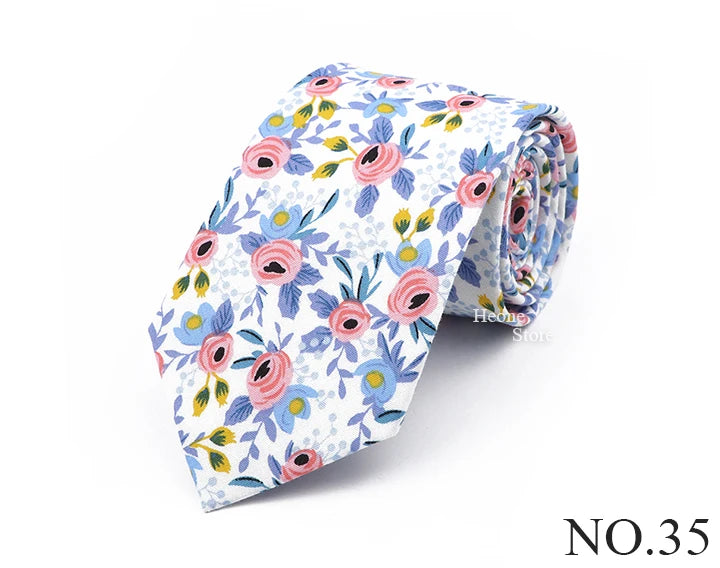 New Chic Floral Tie For Men 2025 100% Cotton Beautiful Elegant Flower Necktie White Blue Narrow Skinny Wedding Casual Cravat