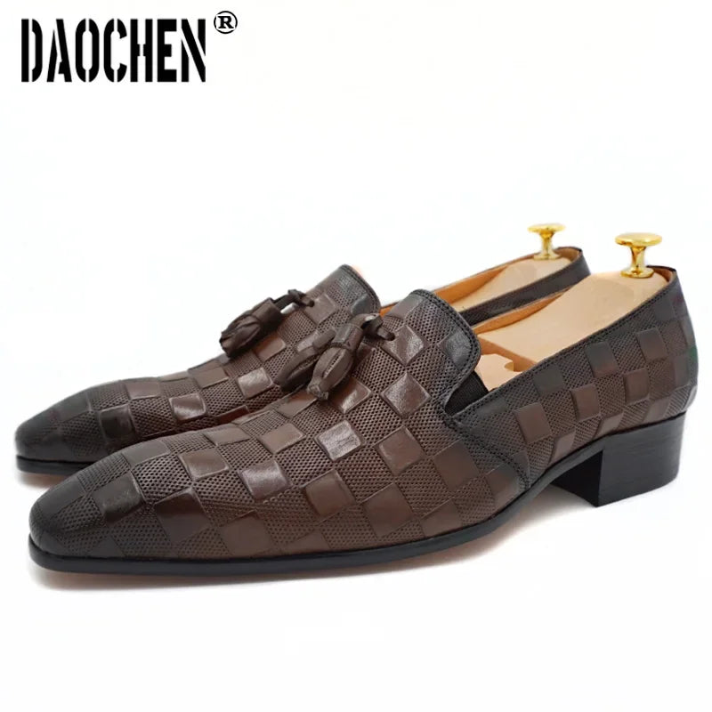 Italian Men Loafers Shoes Black Brown Mens Dress Casual Shoes Plaid Prints Slip On Wedding Office Leather Shoes For Men