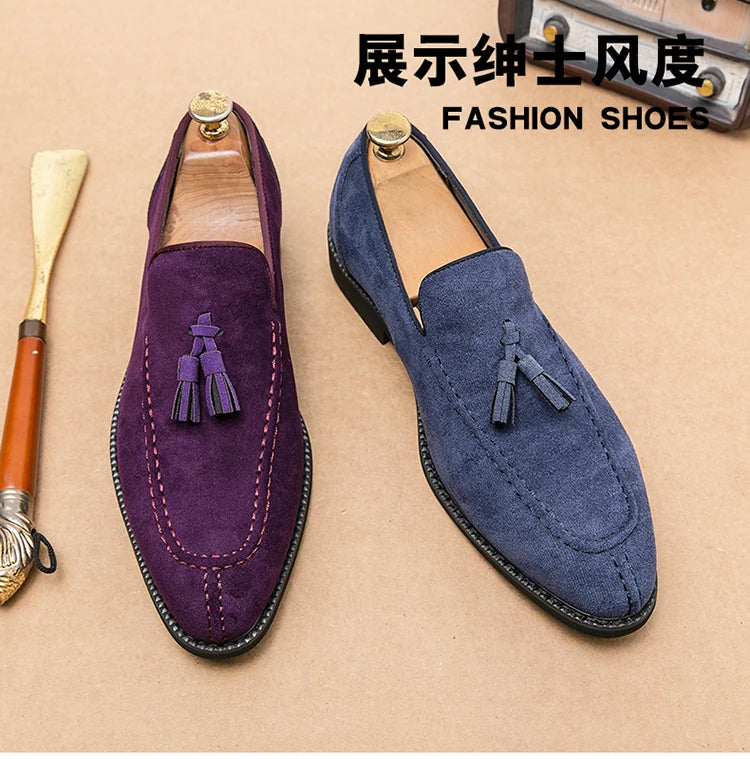 Brand Design Men Suede Leather Shoes Moccasins Purple Tassel Pointed Men's Loafers Vintage Slip-on Casual Men Social Dress Shoe