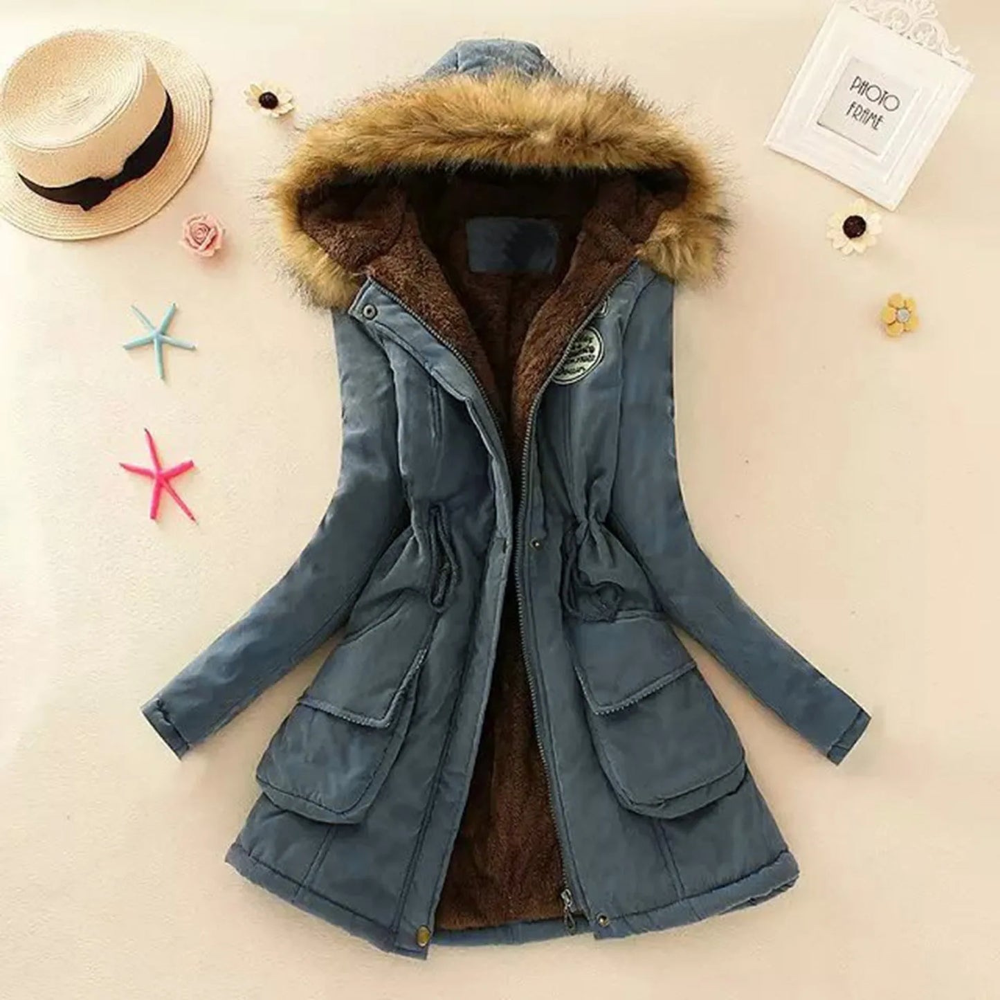Women Autumn Winter Warm Fur Hooded Parkas Thick Cotton Slim Padded Coat Casual Vintage Streetwear Oversized Overcoat Jackets