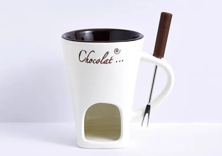 Ceramic Chocolate Cup European Candle Cup Cheese Chocolate Melting Ceramic Mug Heating Food Ceramic Mugwith Fork Creative Mugs