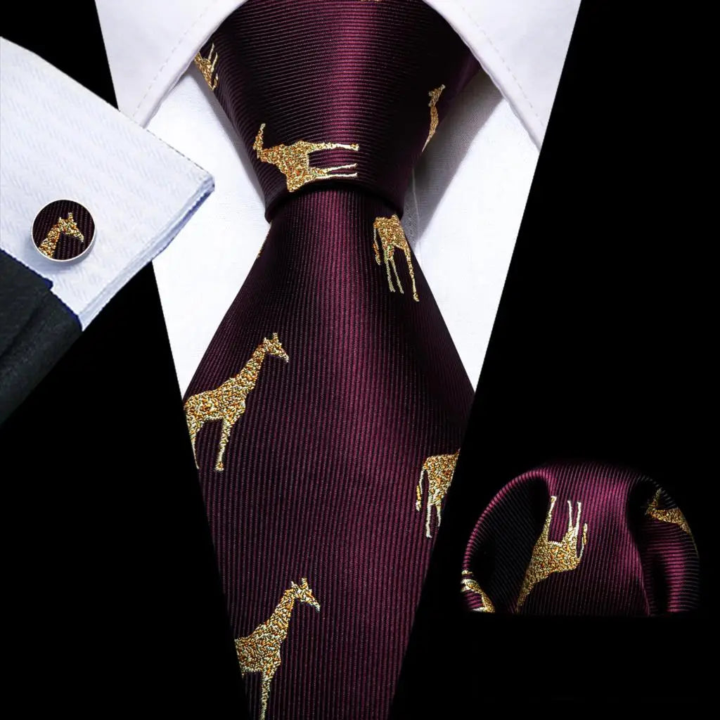 Barry.Wang Jacquard Animal Silk Men Tie Hankerchief Cufflinks Set Novelty Necktie for Male Gift Wedding Business Party 30 Styles