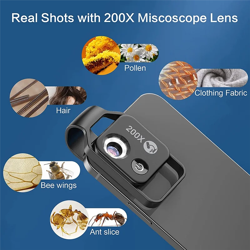 200X Cell Phone Microscope Accessory with CPL Lens Portable Mini Digital Microscope with LED Light/Universal Clip