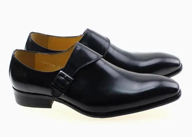 Hot Man Brown Black Genuine Leather Small Square Toe Single Buckle Low Top Bussiness Dress Shoes Male Party Banquet Shoes